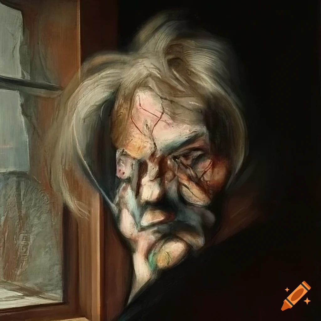 surrealism painting of a skinny old man sitting by a window