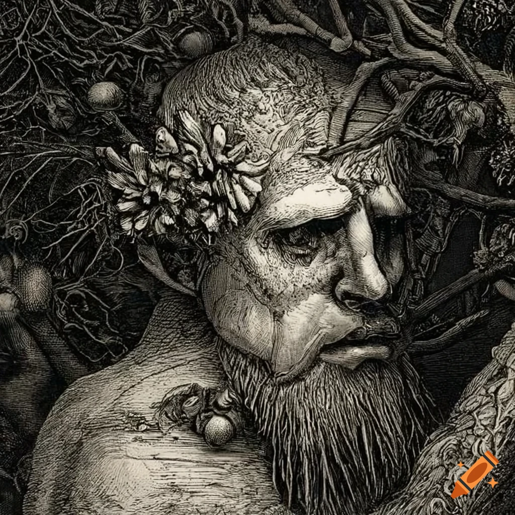 surreal etching of teenage boys made of flowers and mushrooms