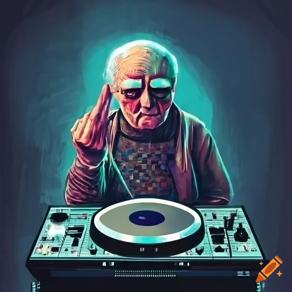 retro sci-fi art of an old man DJ mixing music