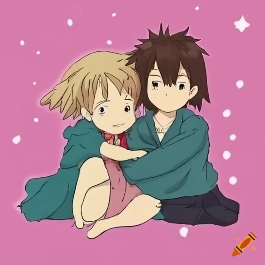 tarjeta de aniversario estilo Ghibli con pareja de anime abrazándose