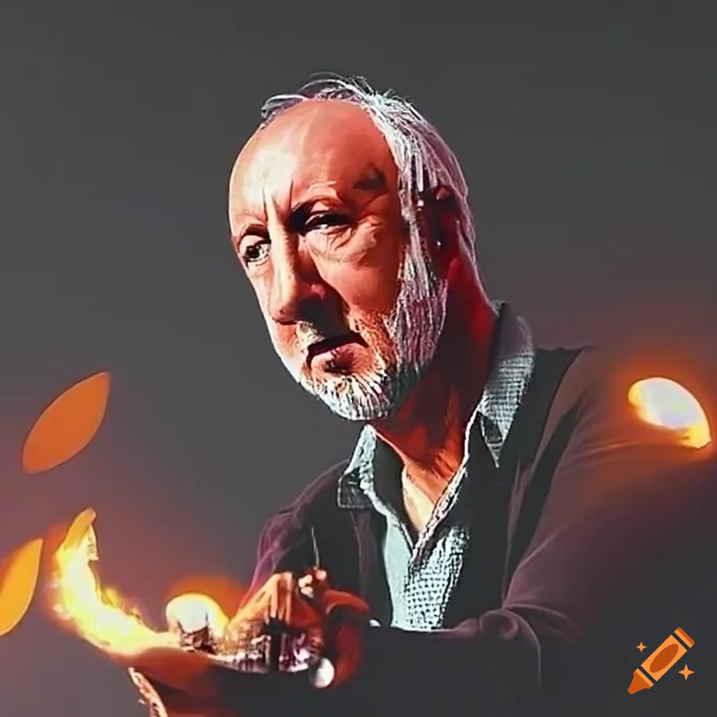 Pete Townshend performing with fireballs on stage