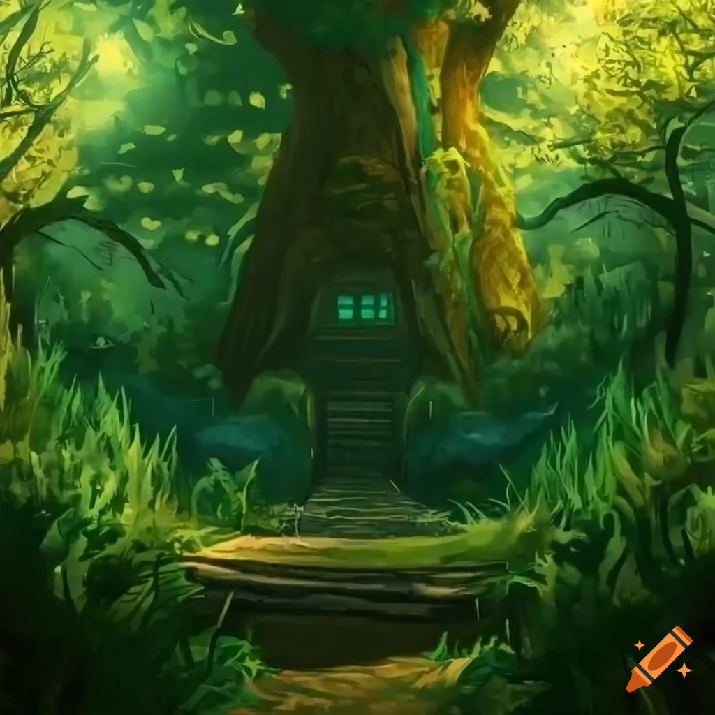 magical overgrown forest inspired by Studio Ghibli and Zelda