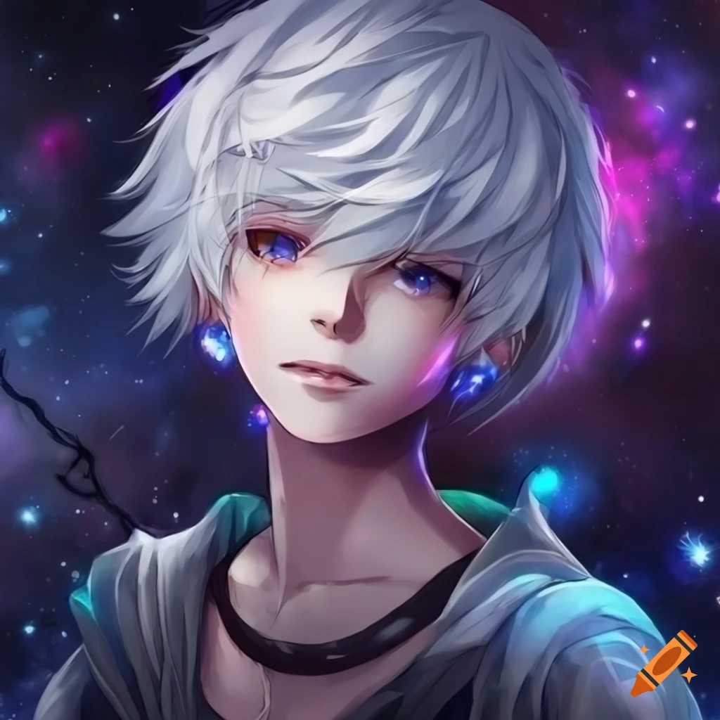 Anime boy with white hair and galaxy eyes