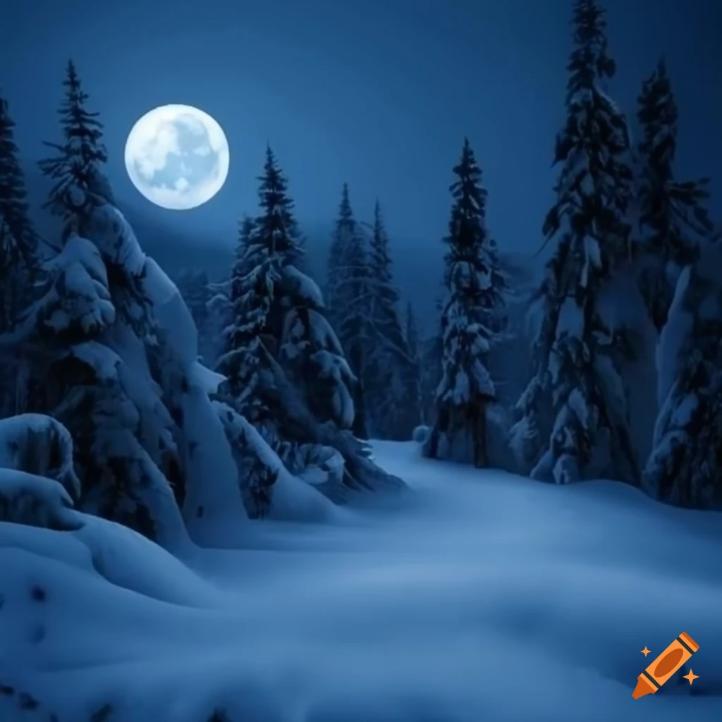 moonlit snowy forest glade in mountains