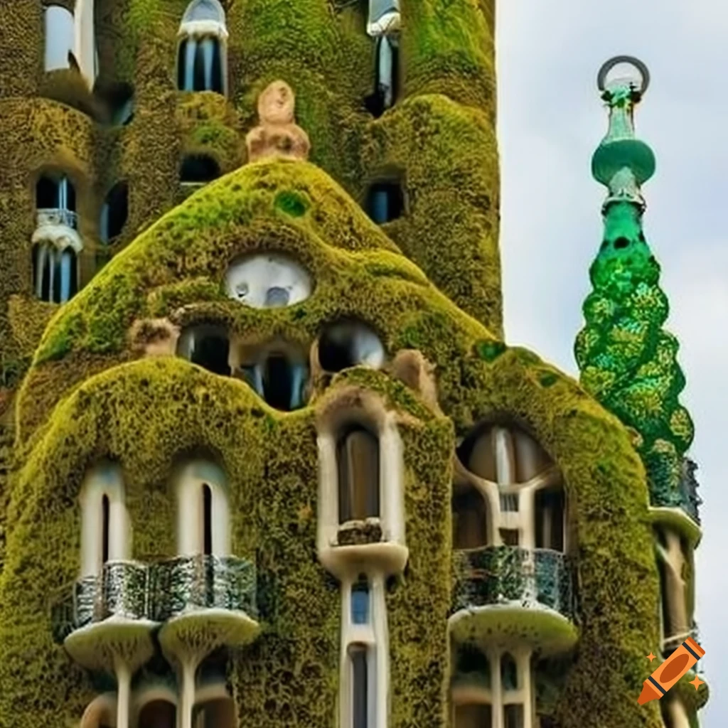 skyscraper with moss-covered facade