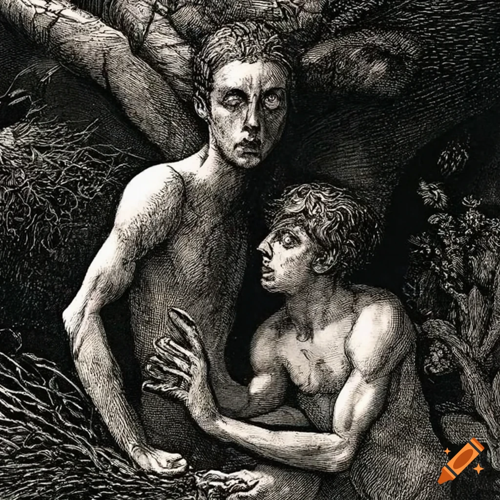 surreal etching of teenage boys made of flowers and mushrooms