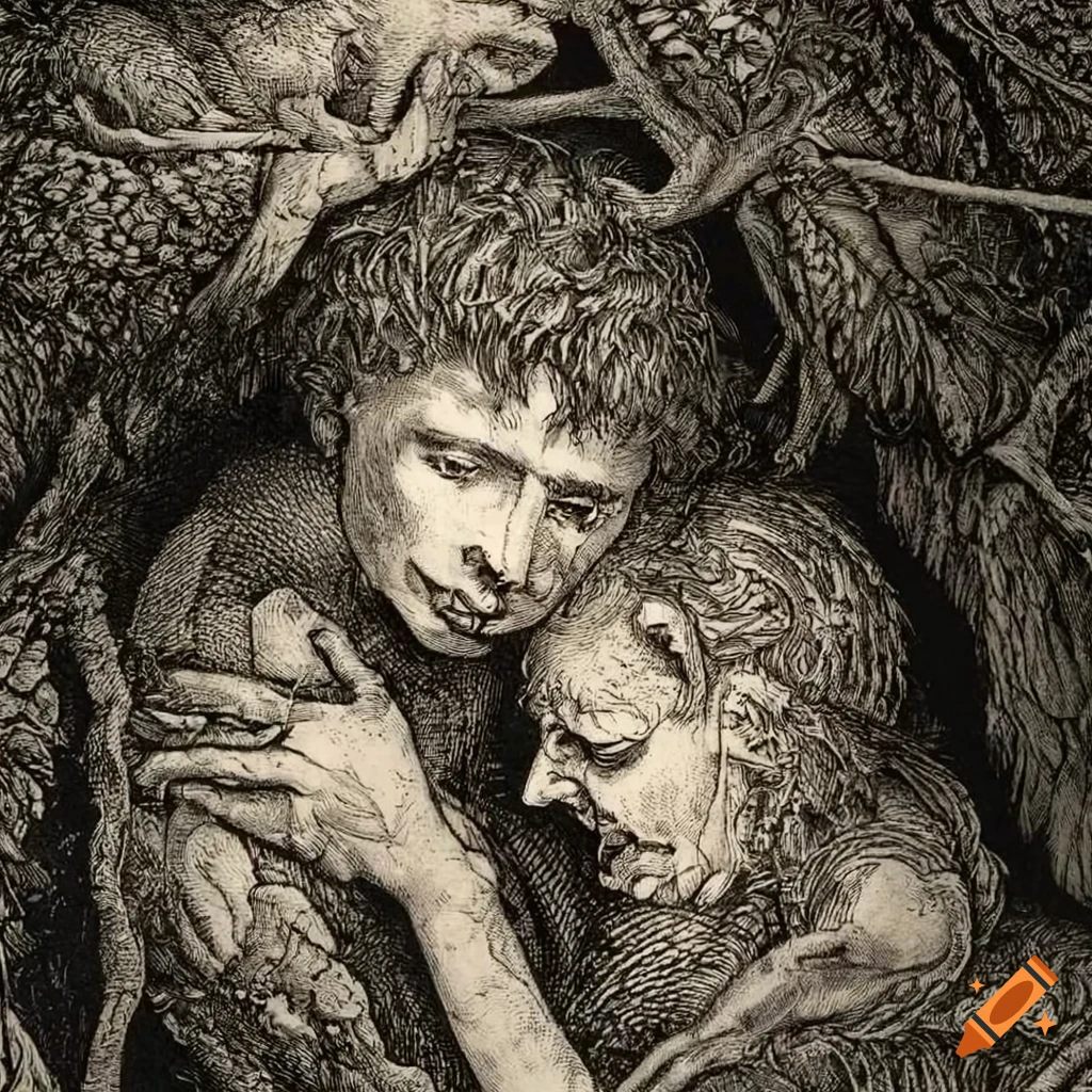 surreal etching of adolescent boys made of flowers and mushrooms