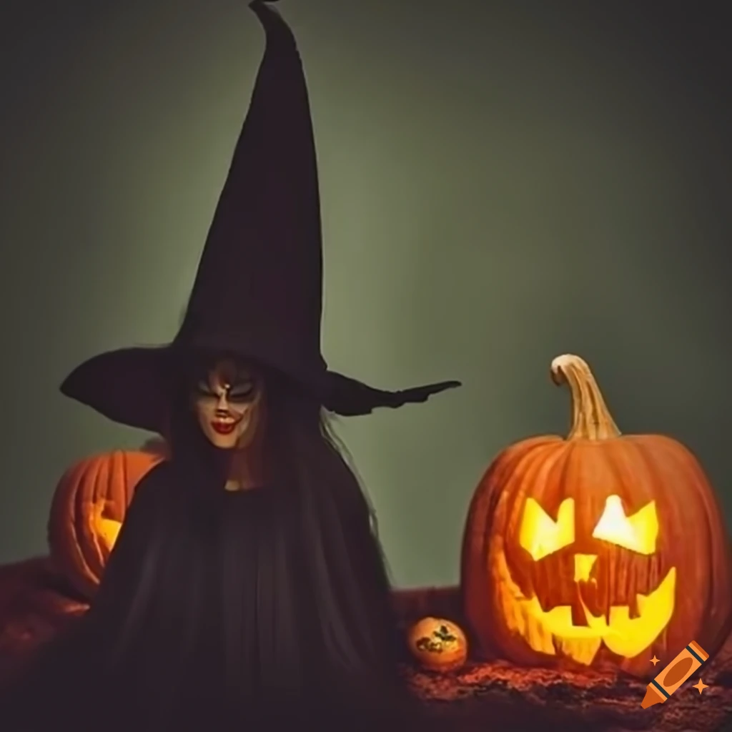 eerie-forest-with-pumpkins-and-a-witch-in-the-night-sky-on-craiyon