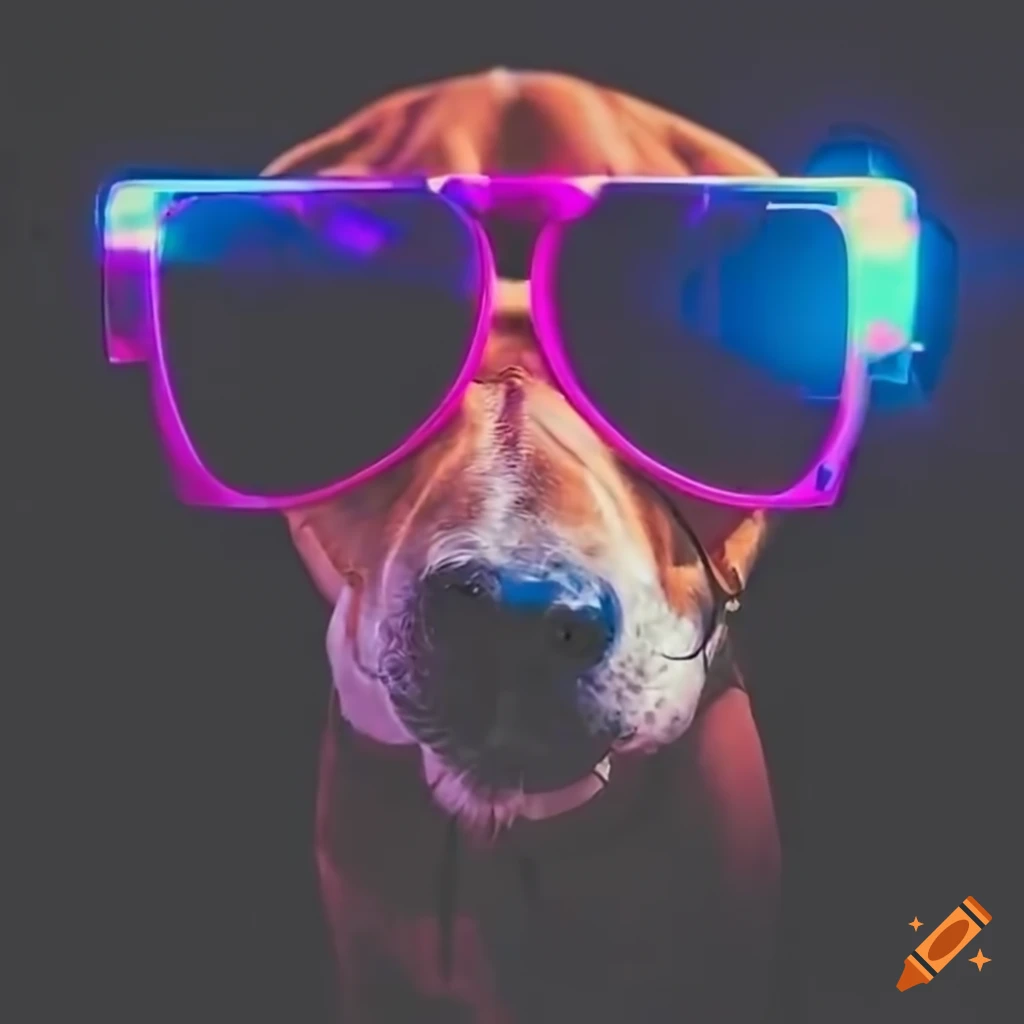 Dog wearing neon sunglasses and dj headphones at a rave