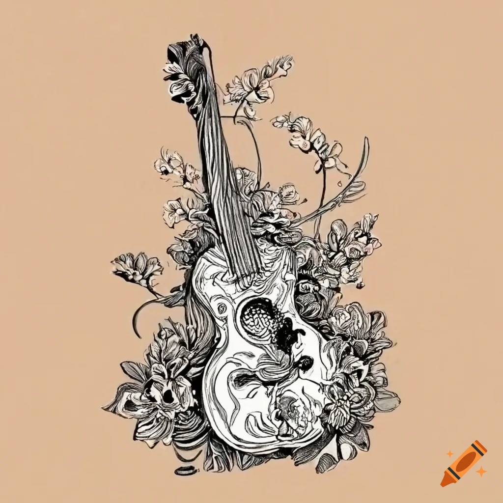 Artistic woodblock print of a guitar and fireweed flowers black 