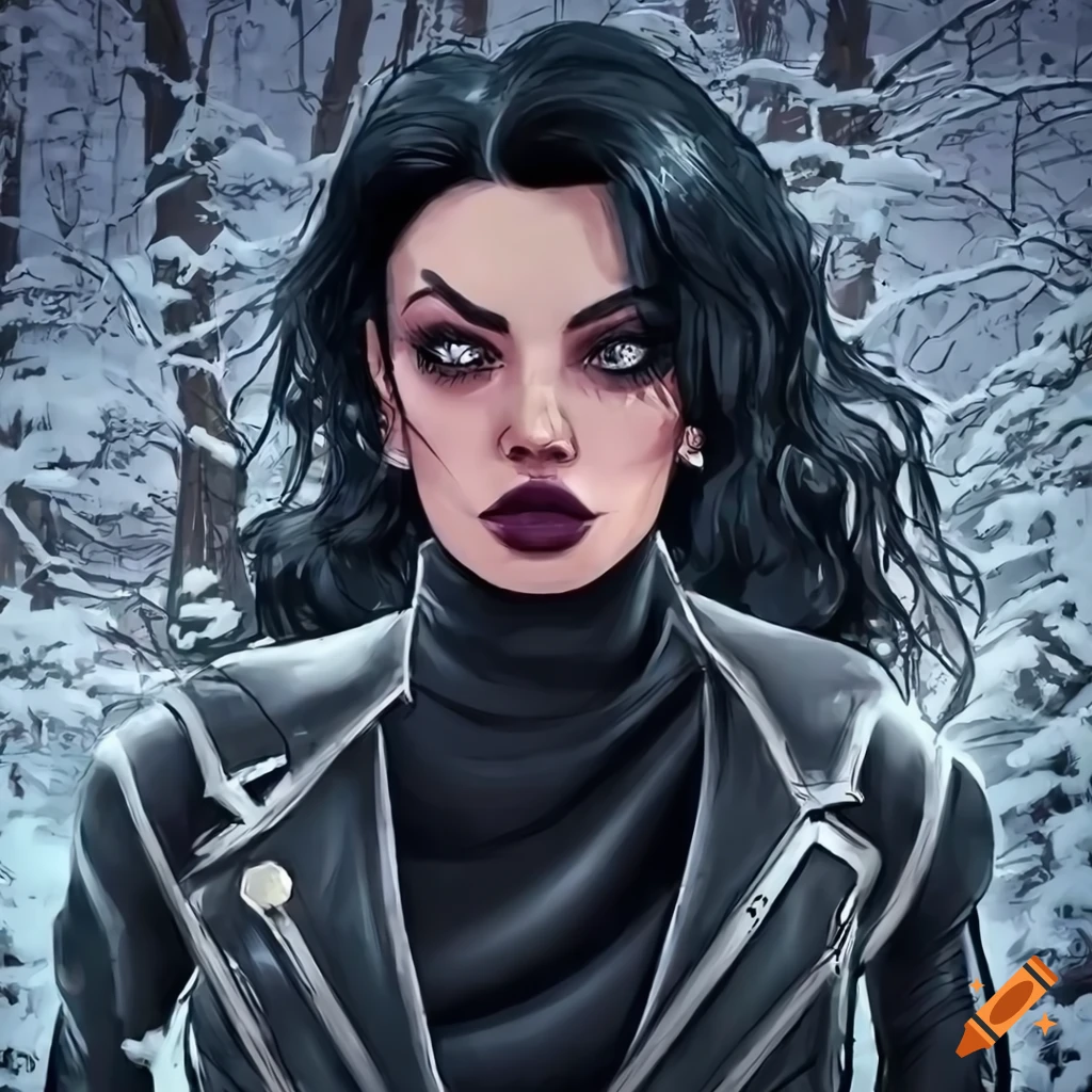 illustration of a black-haired woman in a white leather jacket walking in the snow