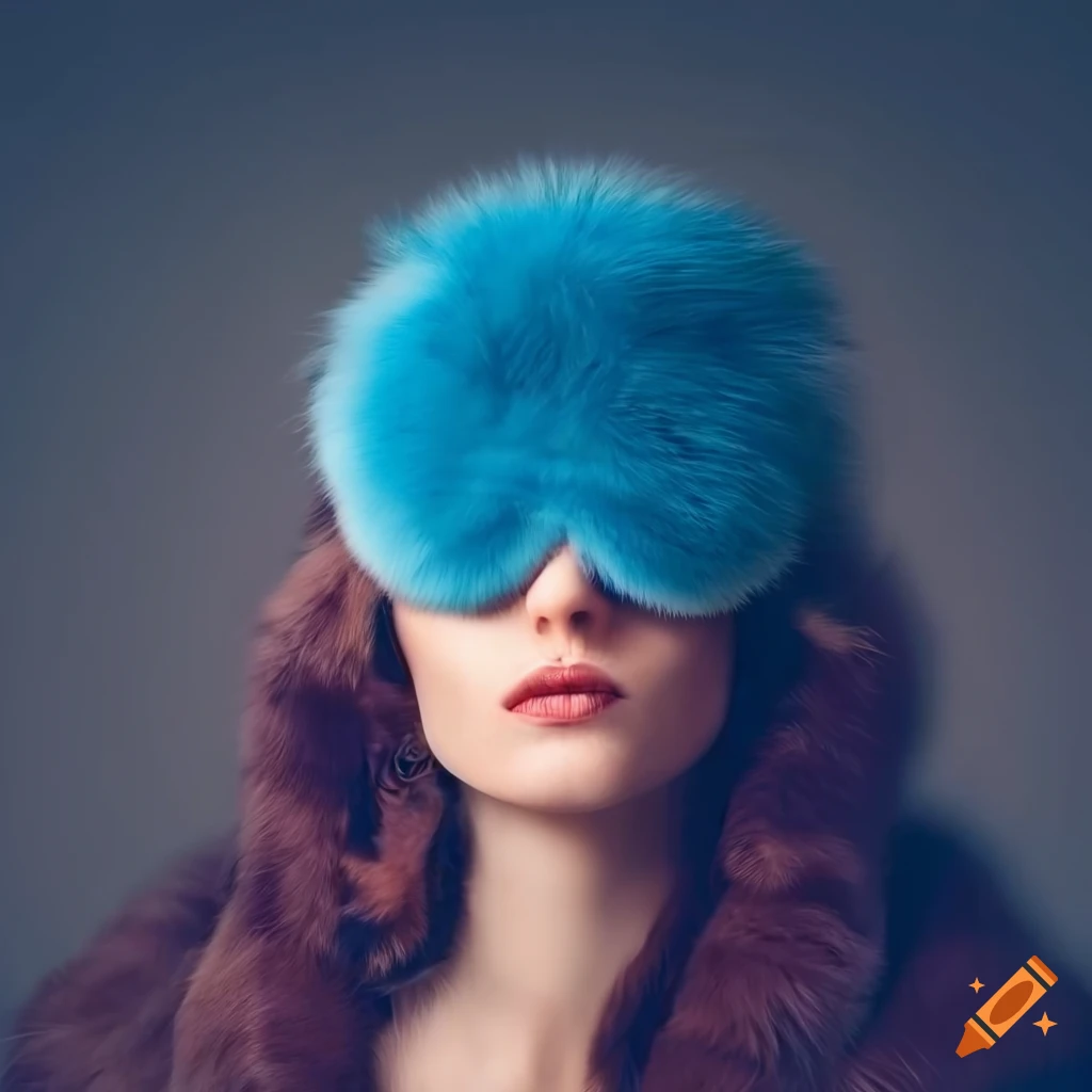 Woman wearing a blue fur sleep mask and fur coat
