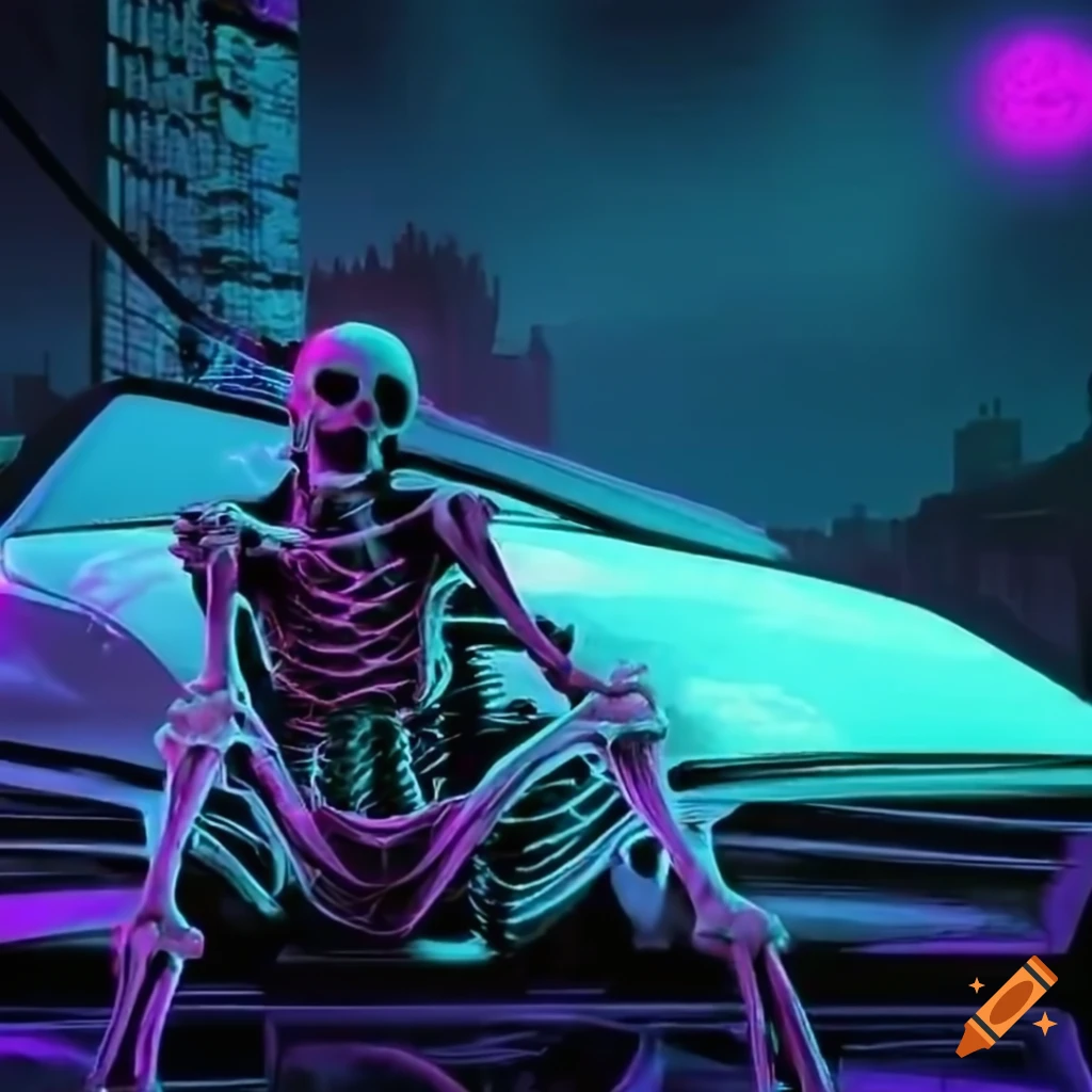 Synthwave art of a skeleton driving a convertible