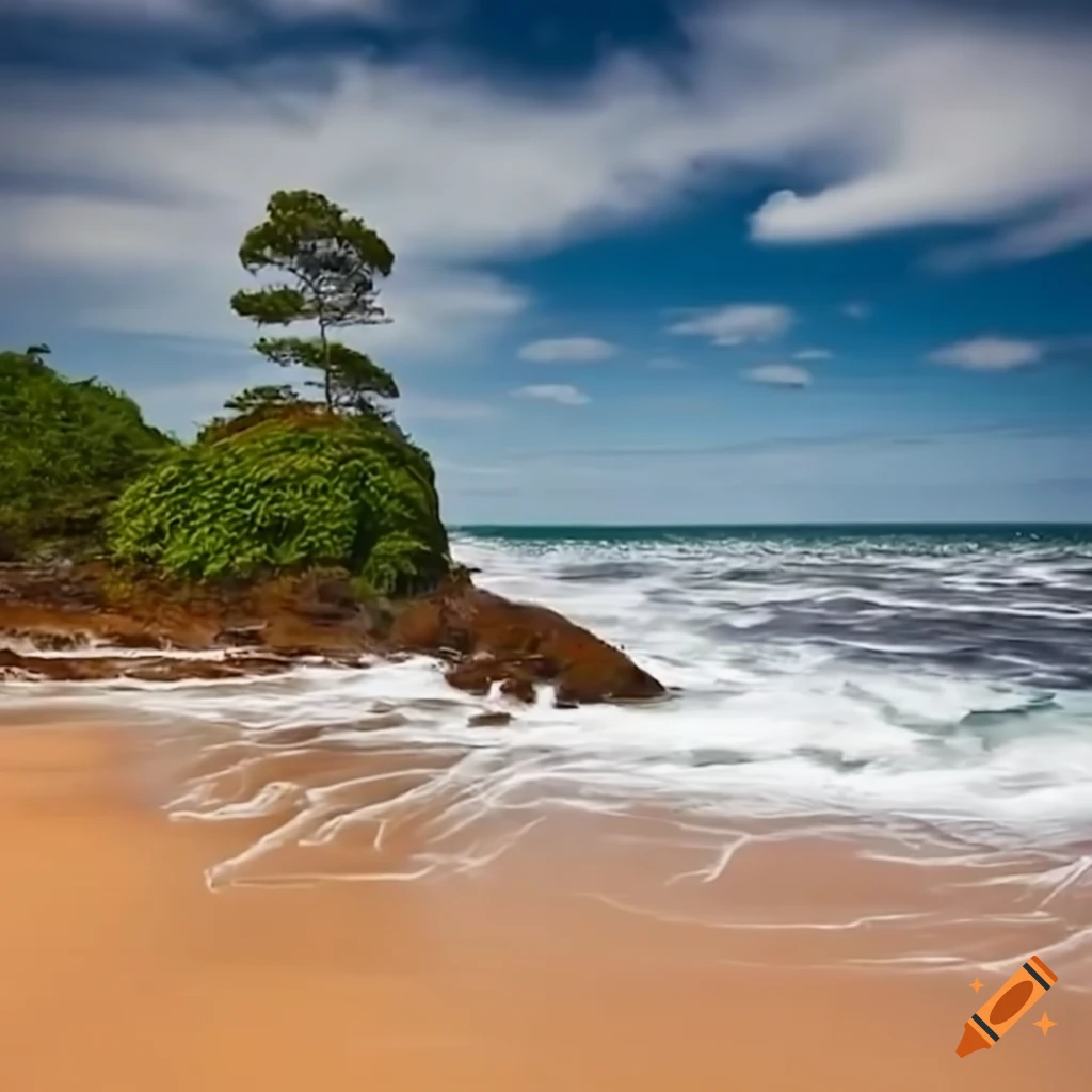 sandy beach with powerful waves and a lone tree