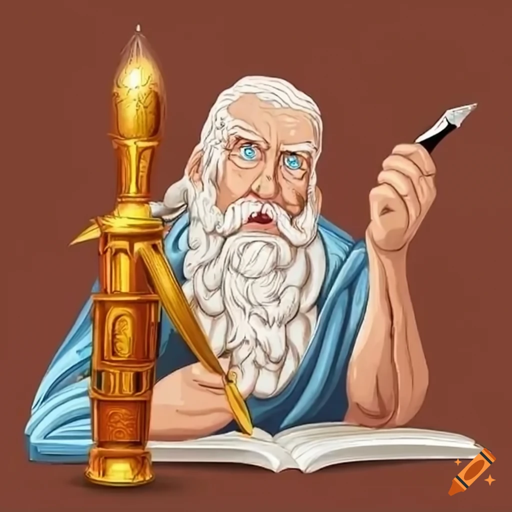 satirical artwork of Moses with a giant fountain pen