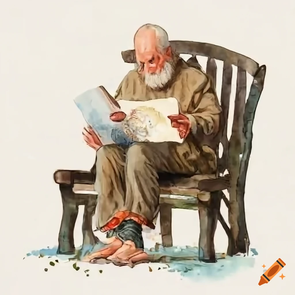 Image of an old man feeding turtles with pizza while reading a comic