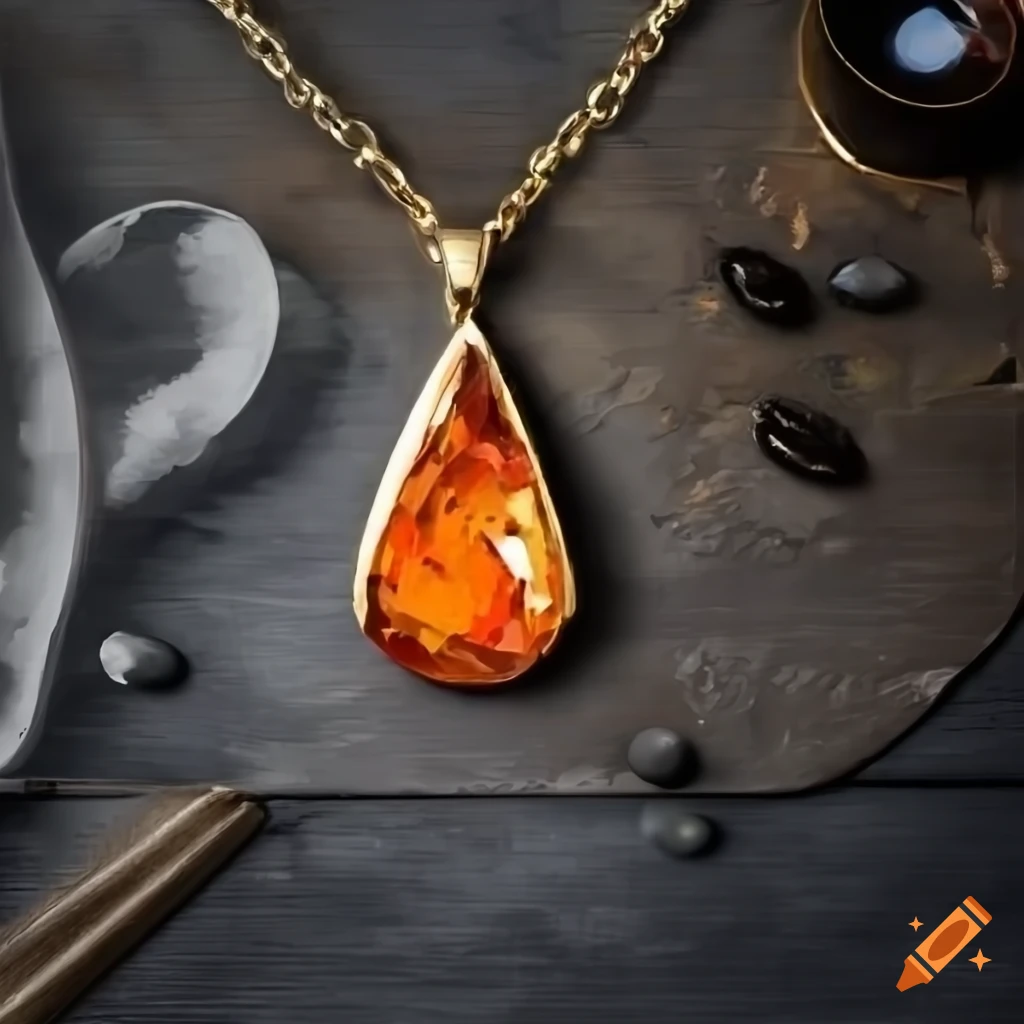 Painting of a gold necklace with pear cut orange gemstone on alchemist ...