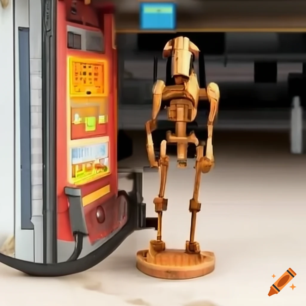sci-fi battle droid at a gas station