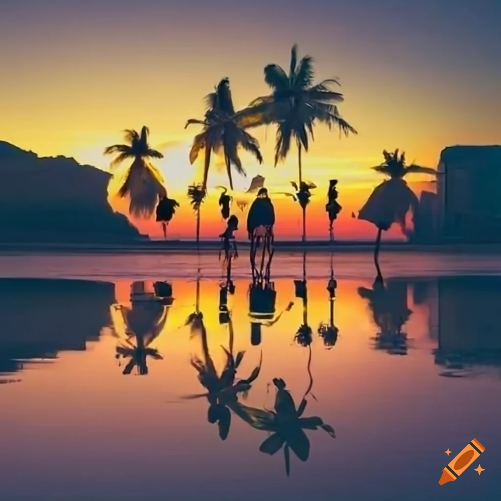 Sunset On The Beach With Palm Trees And Boardwalk On Craiyon Sunset On The Beach With Palm Trees And Boardwalk On Craiyon