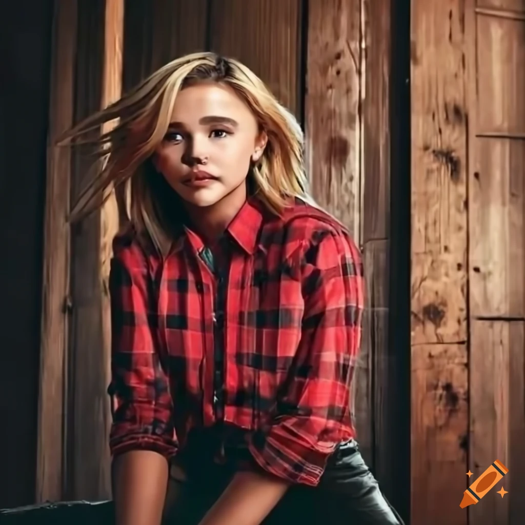 cowgirl in red plaid shirt and leather trousers looking through barn door