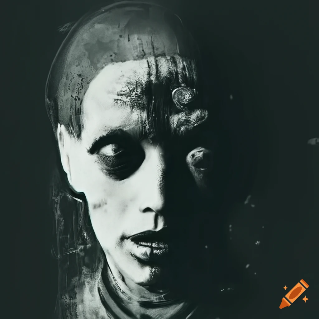 crude black and white portrait of a 70s sci-fi android