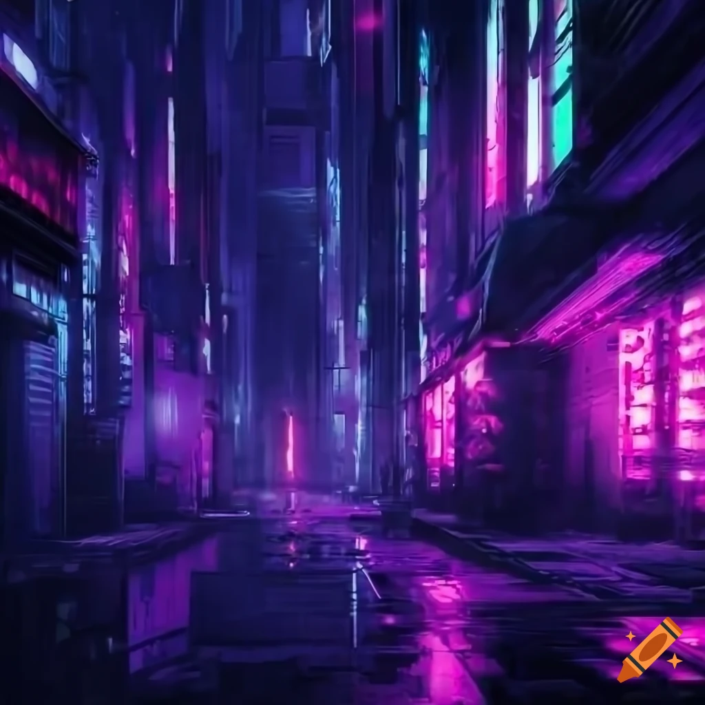 Dark cyberpunk city with purple lighting at night