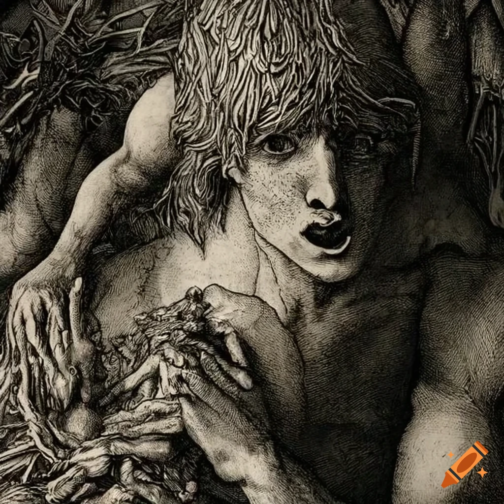 surreal etching of teenage boys made of flowers and mushrooms
