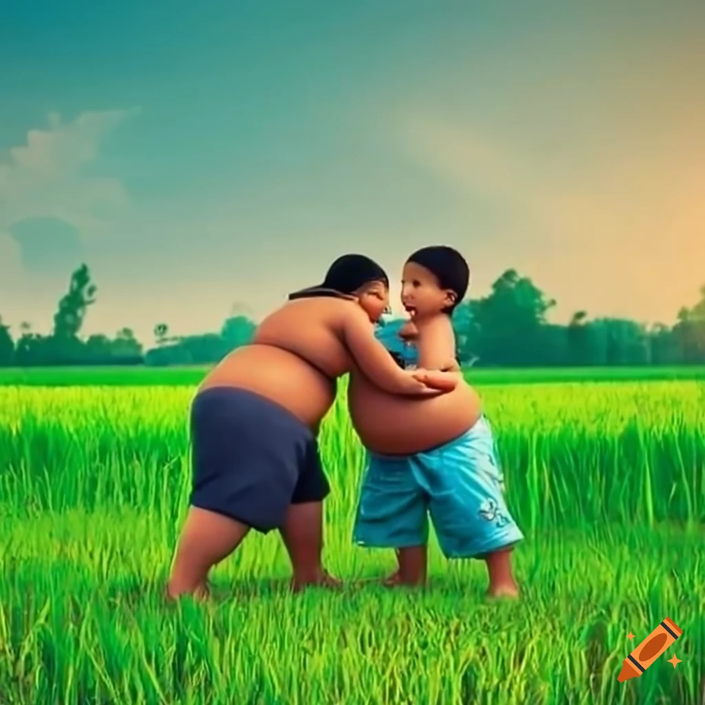 family playing in a rice field