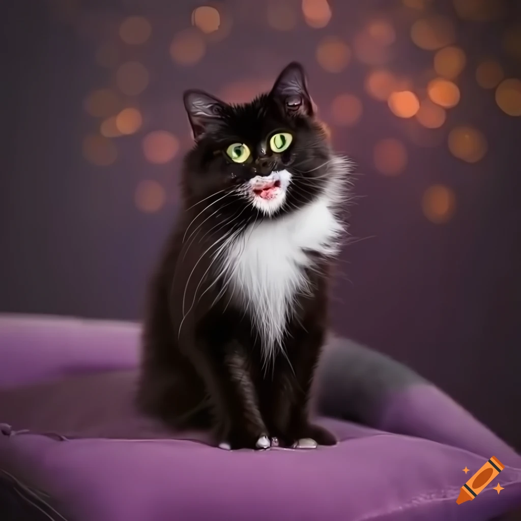 Portrait Of A Distinguished Long haired Black Tuxedo Cat With A Curly 