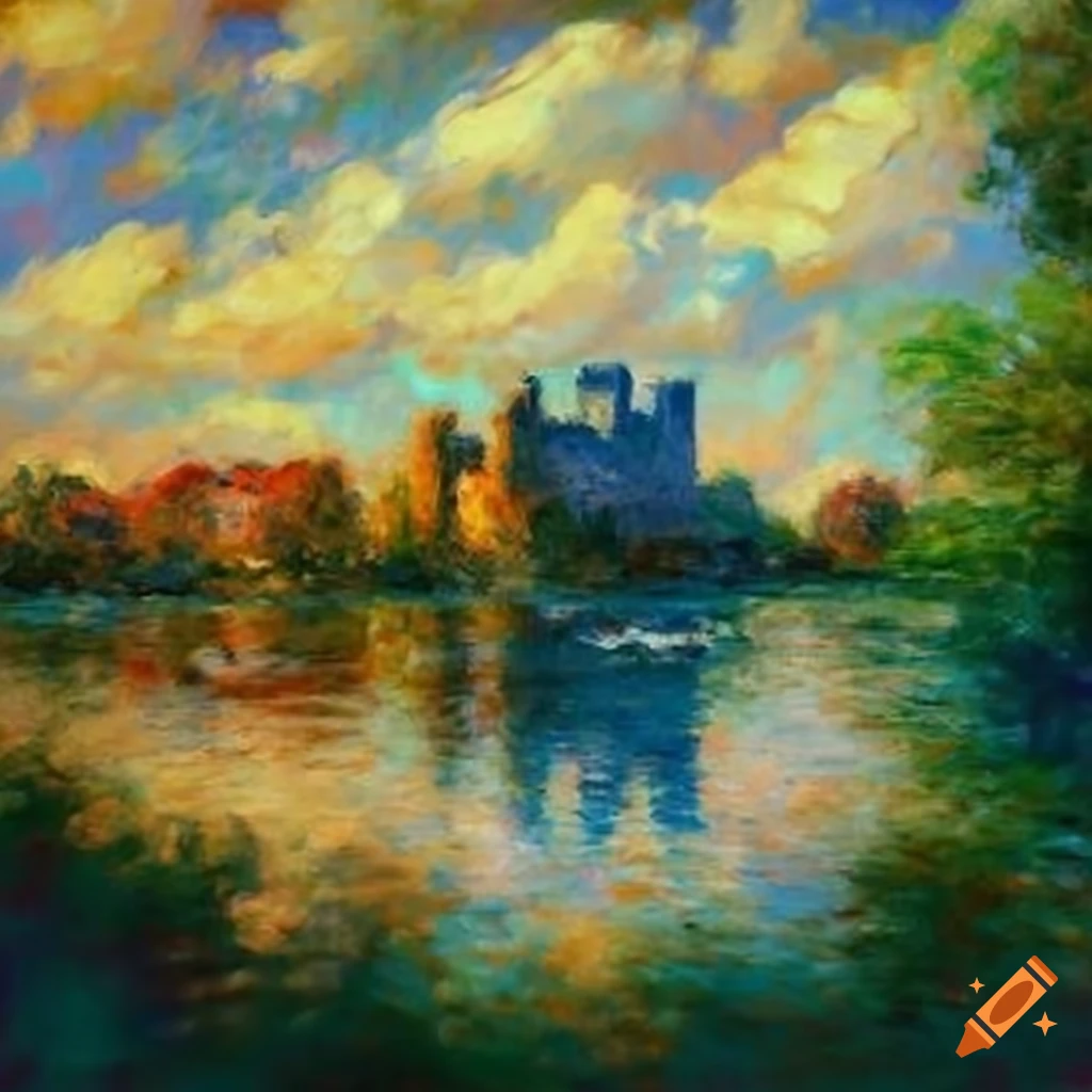 impressionist style painting of a river town with boats