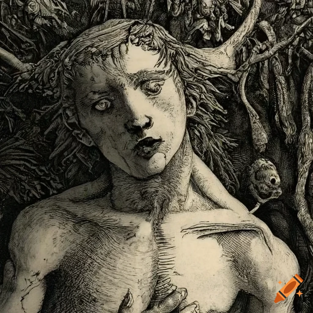 surreal etching of adolescent boys made of flowers and mushrooms