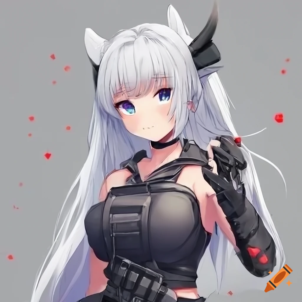 Anime girl with white hair and demon features
