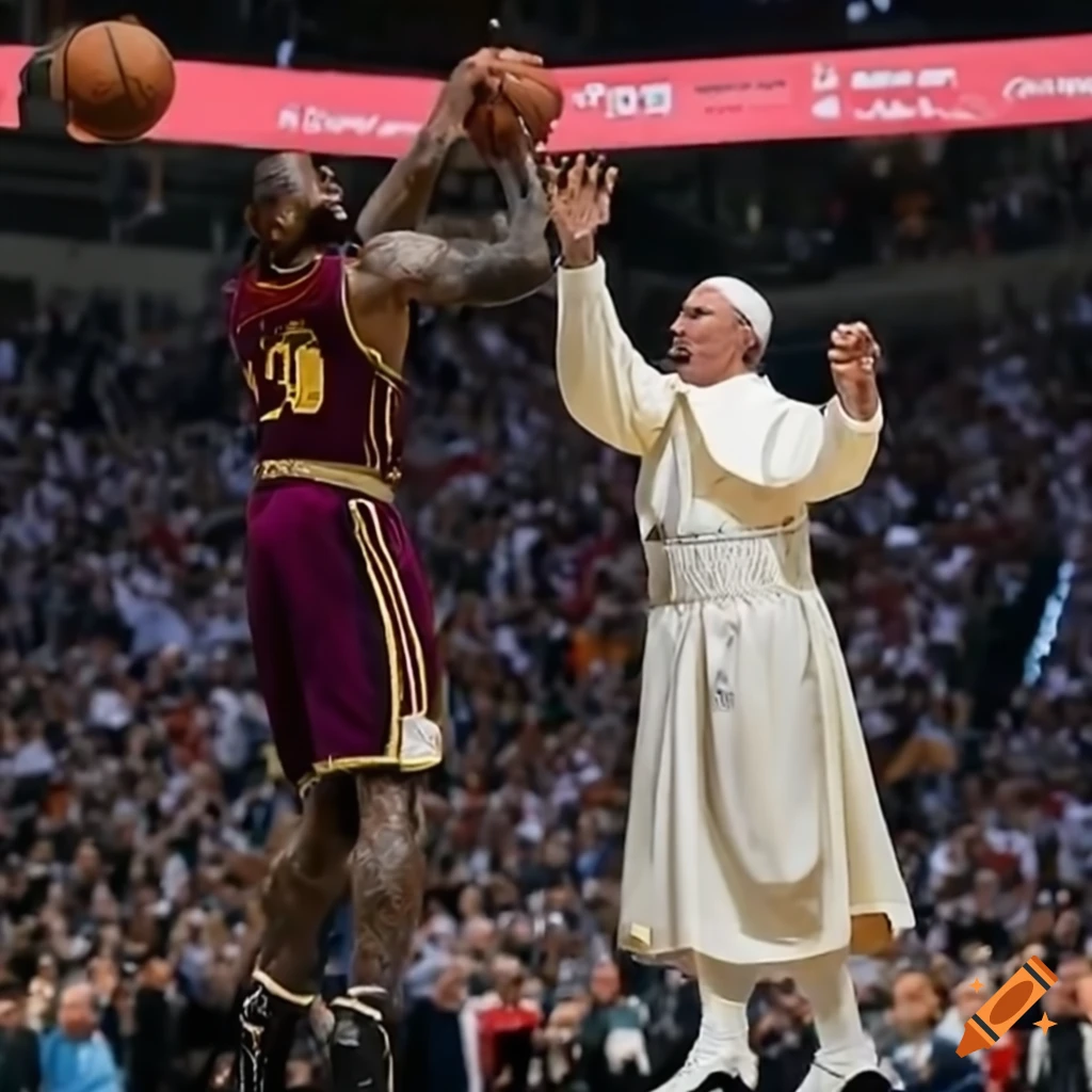 Pope Francis Vs Lebron James In A Basketball Game On Craiyon