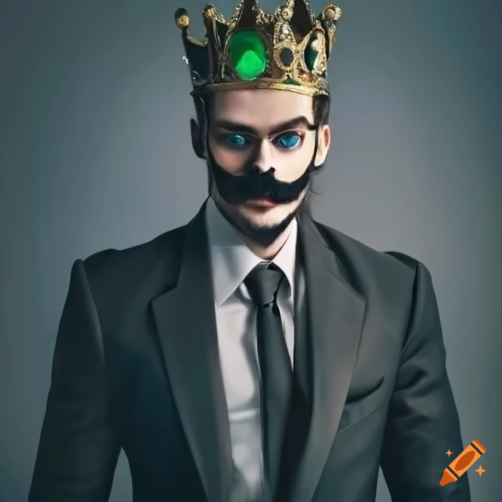 king in a black suit with crown in an office