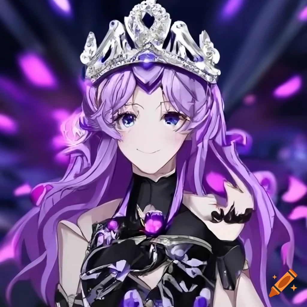 detailed anime queen with lilac hair and black dress
