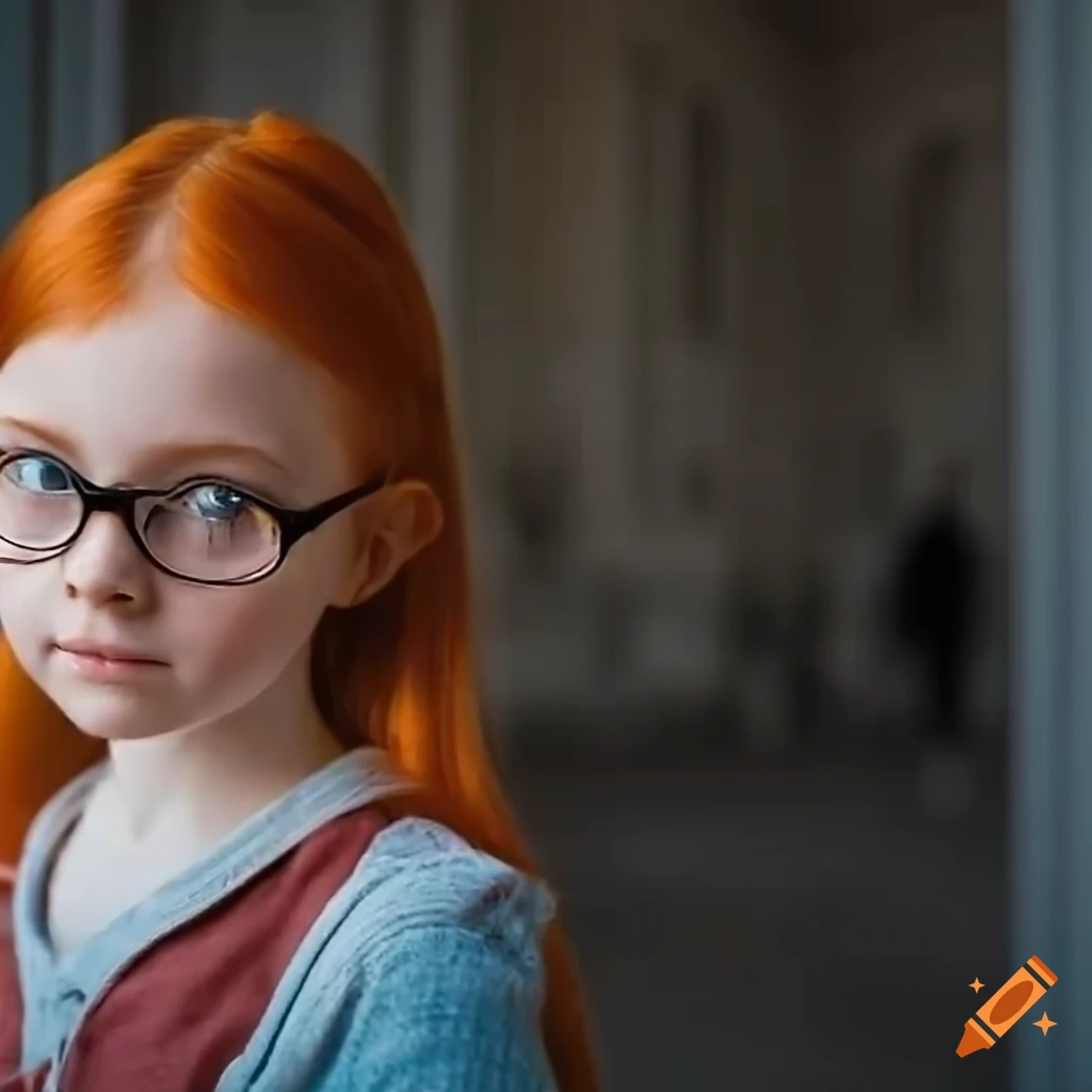 Portrait of a young girl with red hair and glasses on Craiyon