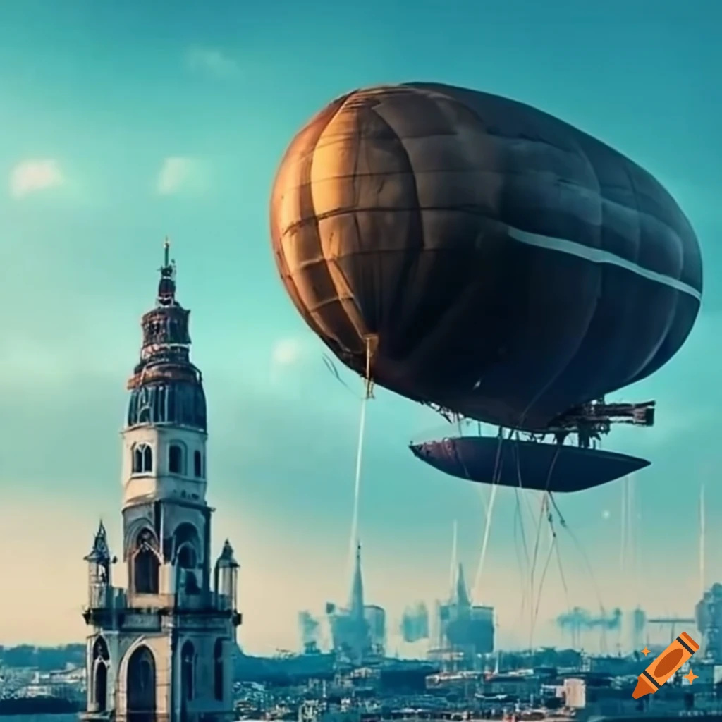 steampunk city with an enormous airship