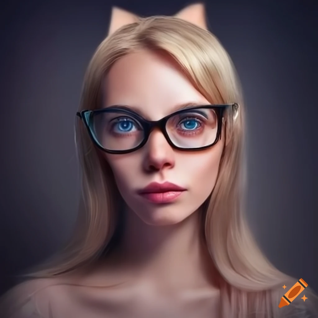 Portrait of a blond woman wearing glasses and a cat hat on Craiyon
