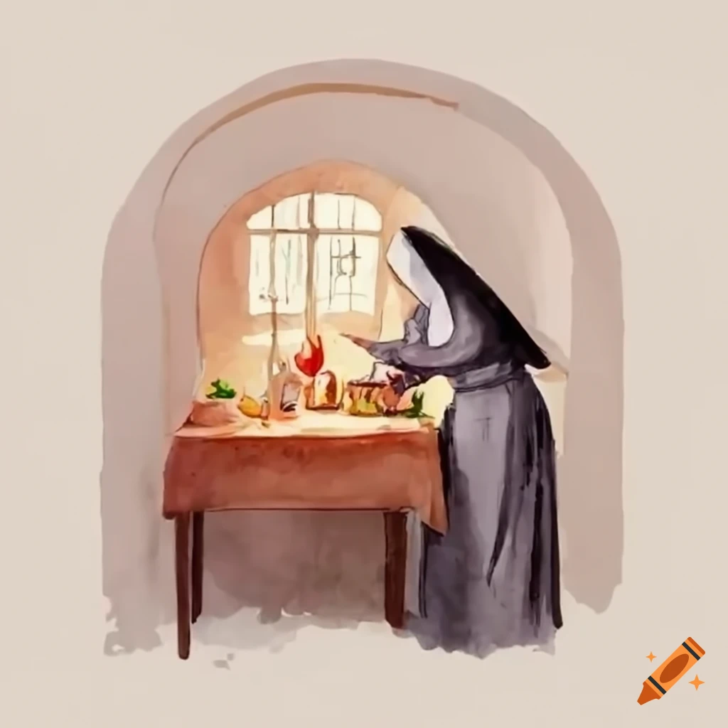 illustration of nuns setting up a table inside a convent