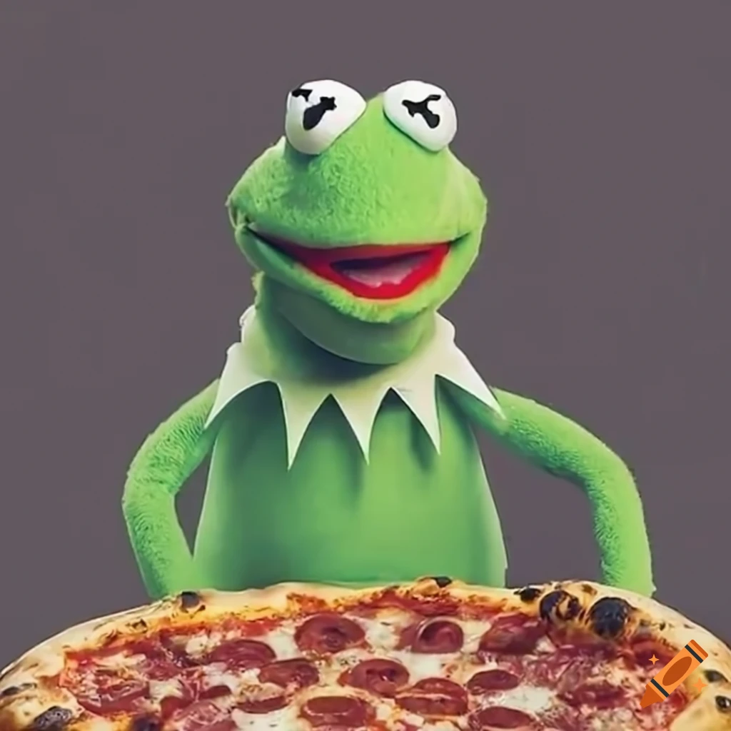 Humorous depiction of kermit making pizza at domino's on Craiyon