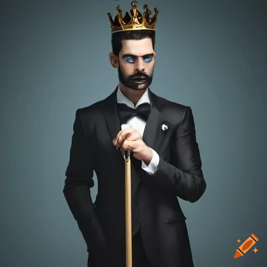 portrait of a young adult king in a black suit
