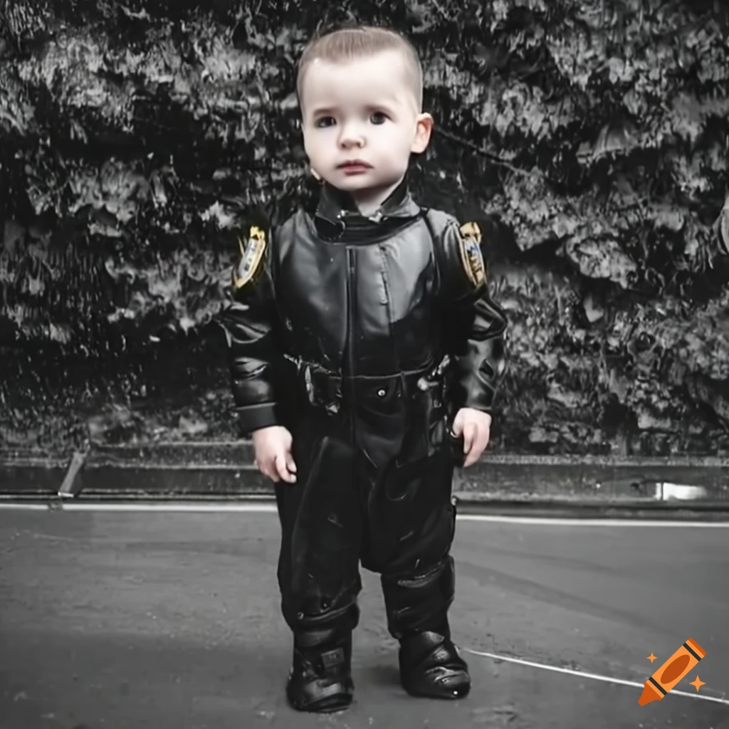close-up of a toddler boy in a black NYPD uniform standing in the rain