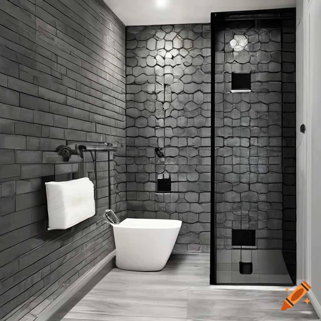 Modern bathroom with curbless shower and hexagon tiles on Craiyon