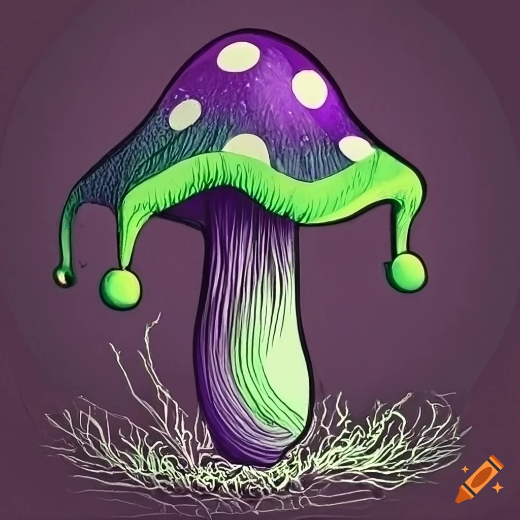 Closeup of a green, black and purple jester mushroom on Craiyon