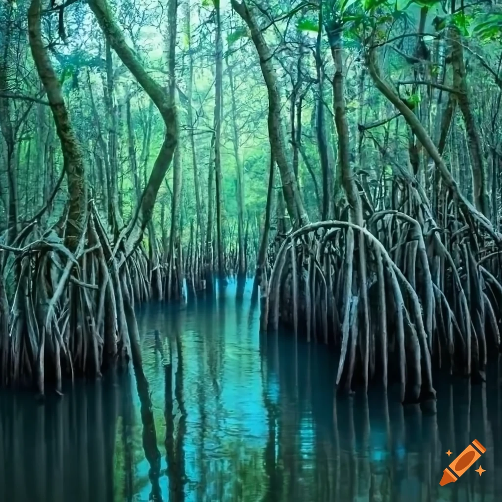 Captivating photograph of a dense mangrove forest on Craiyon