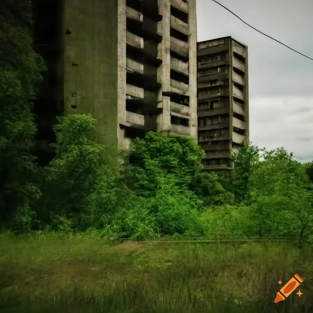 Post-apocalyptic green landscape with brutalist building on Craiyon