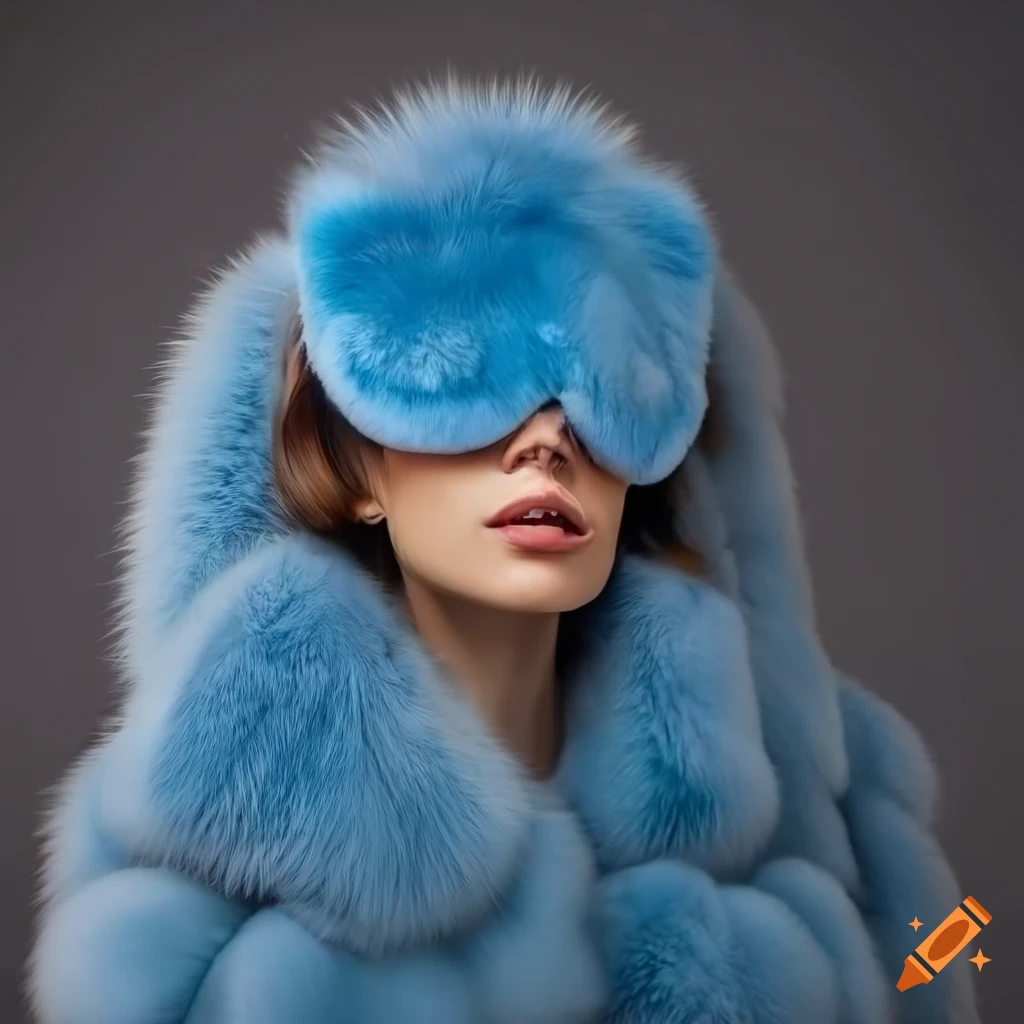 Fashionable woman in a blue fur coat and sleep mask