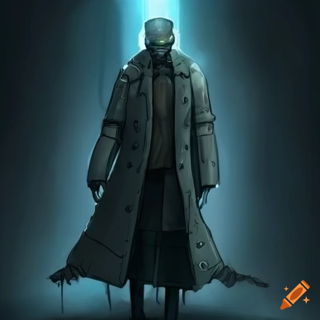 concept art of a robotic man in a coat