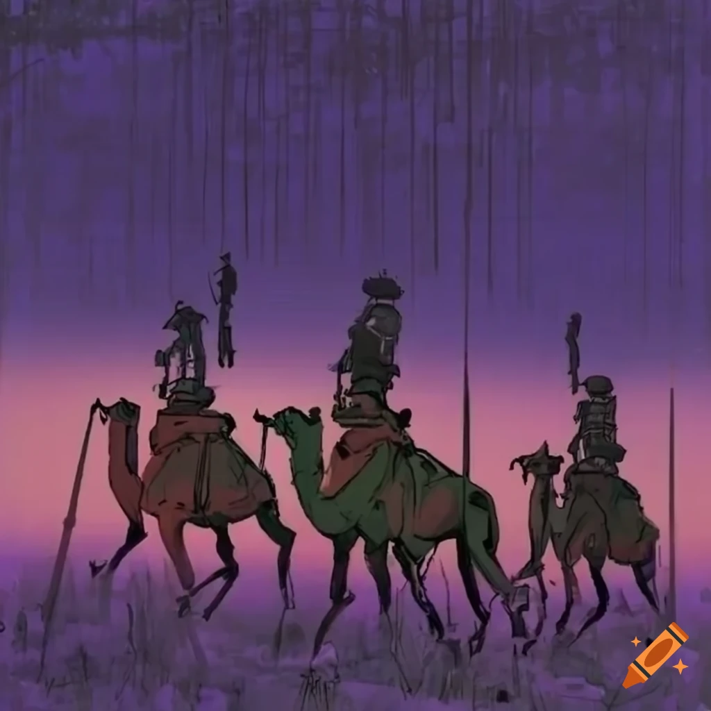 Artwork of gas-masked camel riders in grass steppes on Craiyon