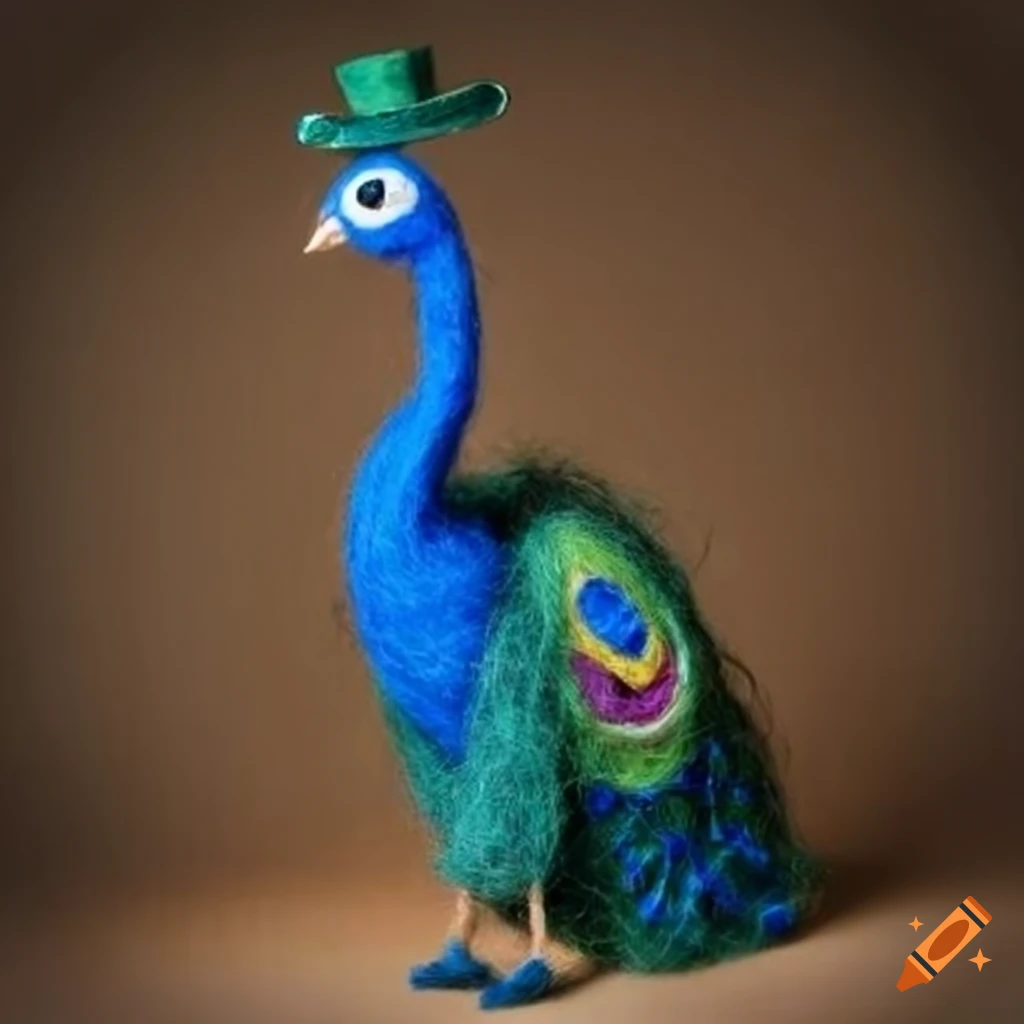 elegant felted wool peacock with a top hat and a martini glass